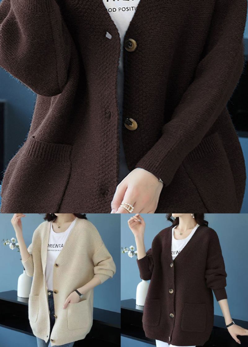 Eleganter Beigefarbener Lockerer Mantel Aus Kaschmir Mit V-ausschnitt Und Taschen Im Patchwork-stil Für Den Herbst - Damen-Cardigans