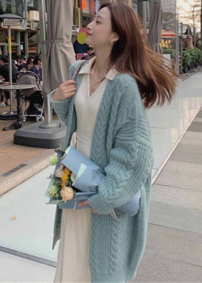 Eleganter Blauer Gemütlicher Langer Strickcardigan Mit V-ausschnitt Für Den Frühling - Blau