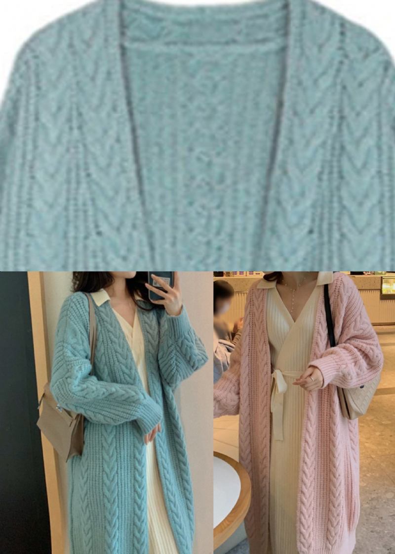 Eleganter Blauer Gemütlicher Langer Strickcardigan Mit V-ausschnitt Für Den Frühling - Blau