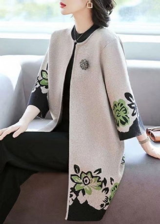 Eleganter Kamelfarbener O-ausschnitt-print Patchwork-strick-cardigan Für Den Herbst