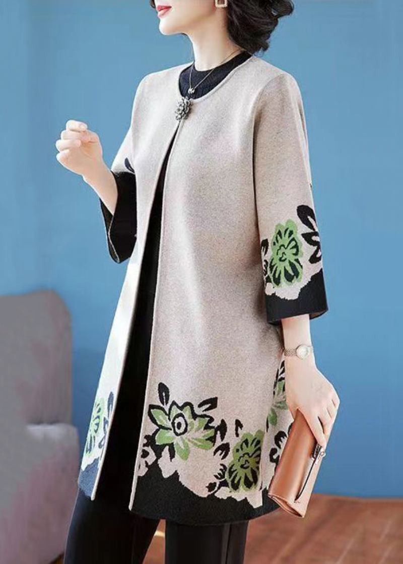 Eleganter Kamelfarbener O-ausschnitt-print Patchwork-strick-cardigan Für Den Herbst - Damen-Cardigans