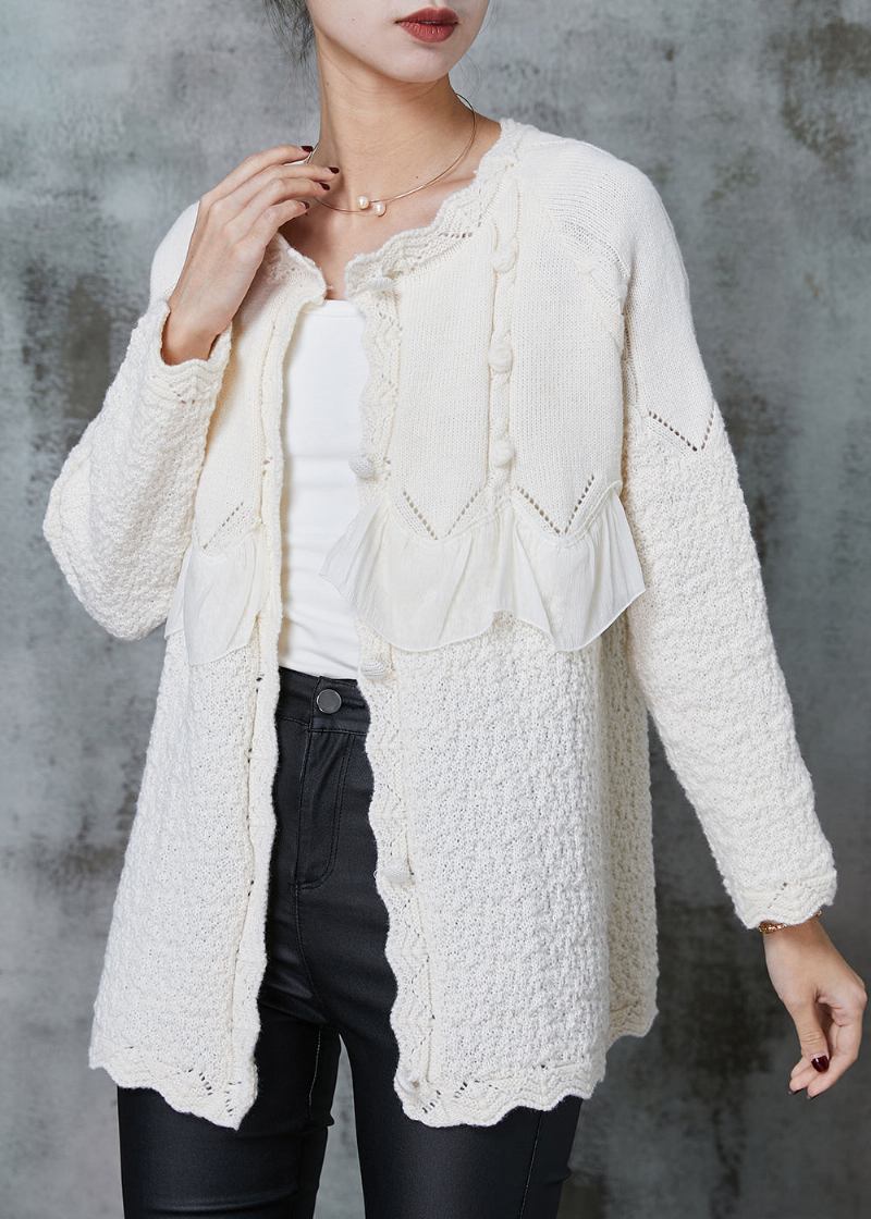 Eleganter Weißer Patchwork-strickmantel Mit Rüschen Frühling - Damen-Cardigans