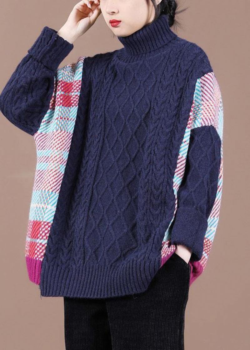 Feiner Marineblauer Patchwork-herbst-strickpullover Mit Hohem Kragen