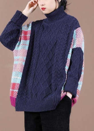 Feiner Marineblauer Patchwork-herbst-strickpullover Mit Hohem Kragen