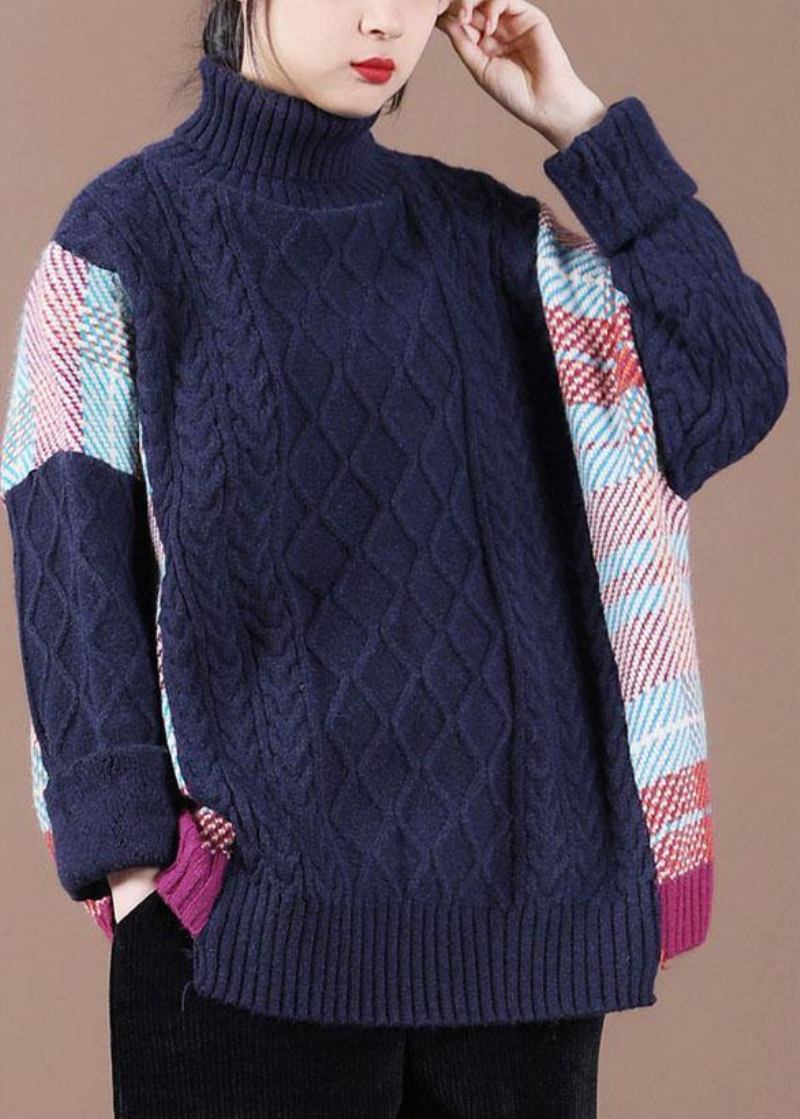 Feiner Marineblauer Patchwork-herbst-strickpullover Mit Hohem Kragen - Schwarz