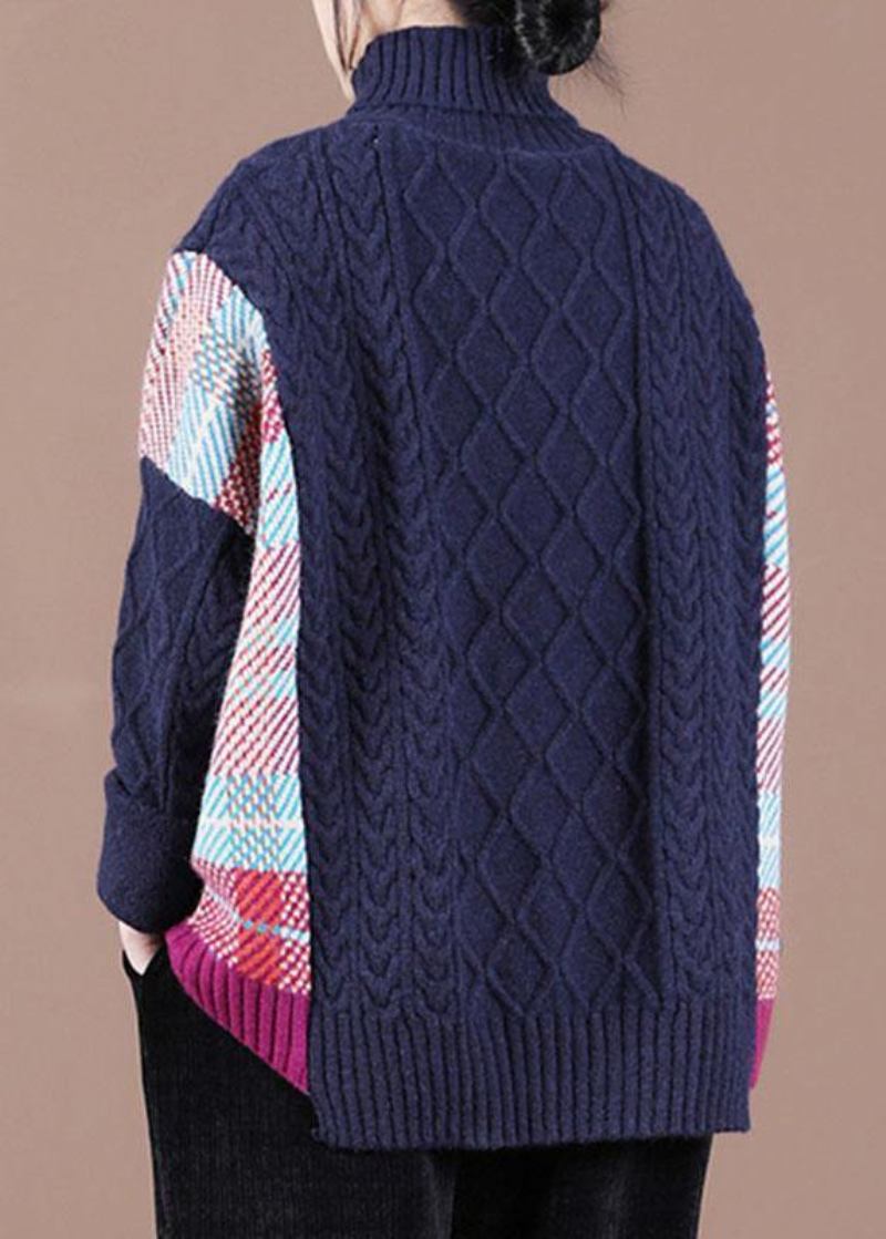 Feiner Marineblauer Patchwork-herbst-strickpullover Mit Hohem Kragen - Schwarz