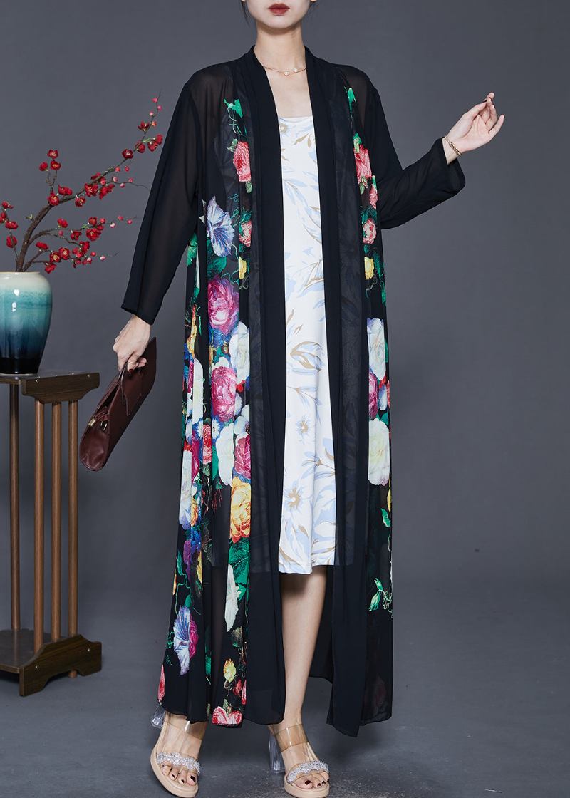 Feiner Schwarzer Übergroßer Chiffon-mantel Mit Upf 50+-print Frühling - Damen-Cardigans