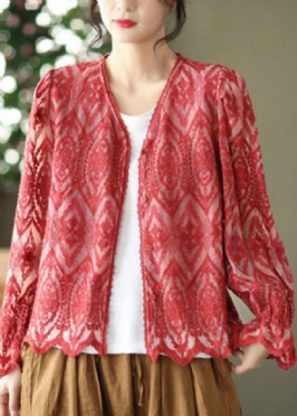 Französisch Rote V-ausschnitt Patchwork Spitzen Cardigans Frühling