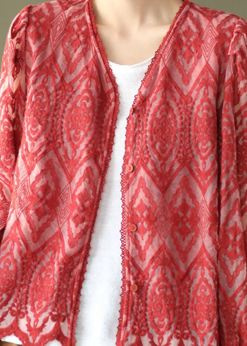 Französisch Rote V-ausschnitt Patchwork Spitzen Cardigans Frühling - Damen-Cardigans