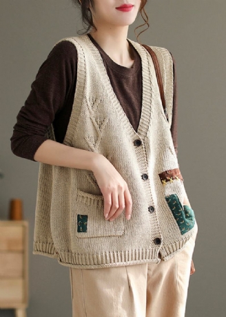 Französische Beige Baumwollstrickweste Mit V-ausschnitt Und Knopftaschen Ärmellos