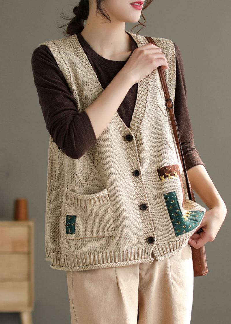 Französische Beige Baumwollstrickweste Mit V-ausschnitt Und Knopftaschen Ärmellos - Damen-Cardigans