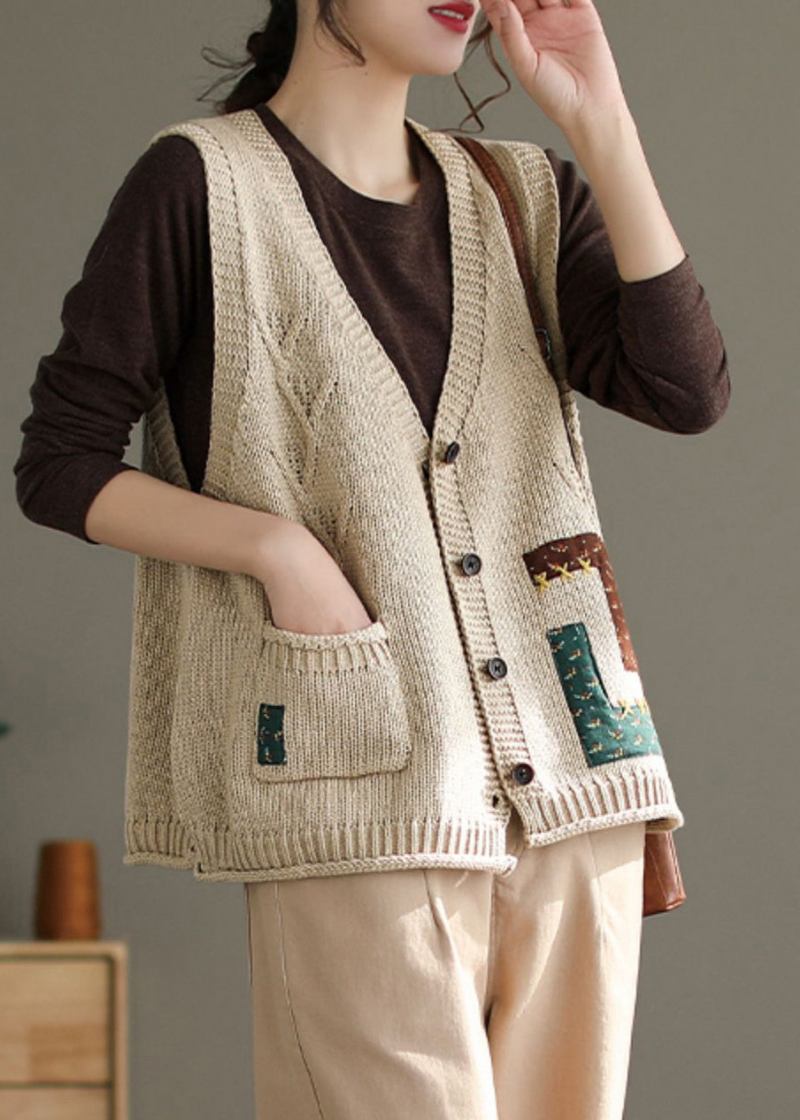 Französische Beige Baumwollstrickweste Mit V-ausschnitt Und Knopftaschen Ärmellos - Damen-Cardigans