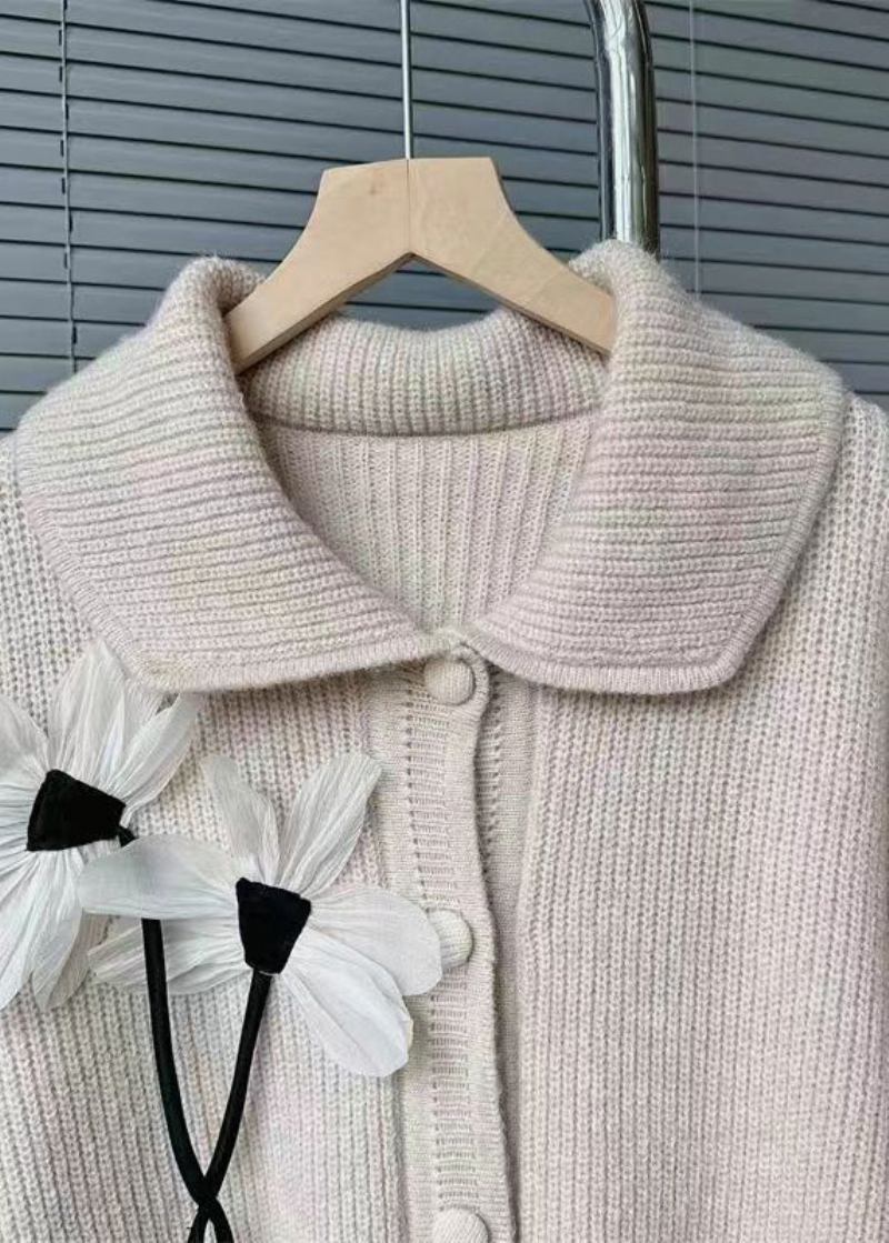 Französische Hellkhakifarbene Patchwork-strickjacken Mit Blumenknöpfen Im Herbst - Damen-Cardigans