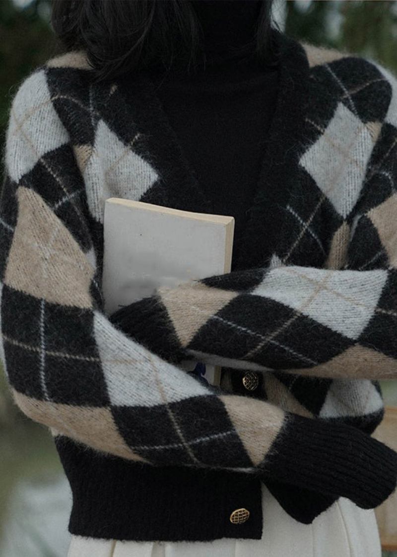 Französische Karierte Strickjacke Mit V-ausschnitt Und Knöpfen Im Langarm - Damen-Cardigans