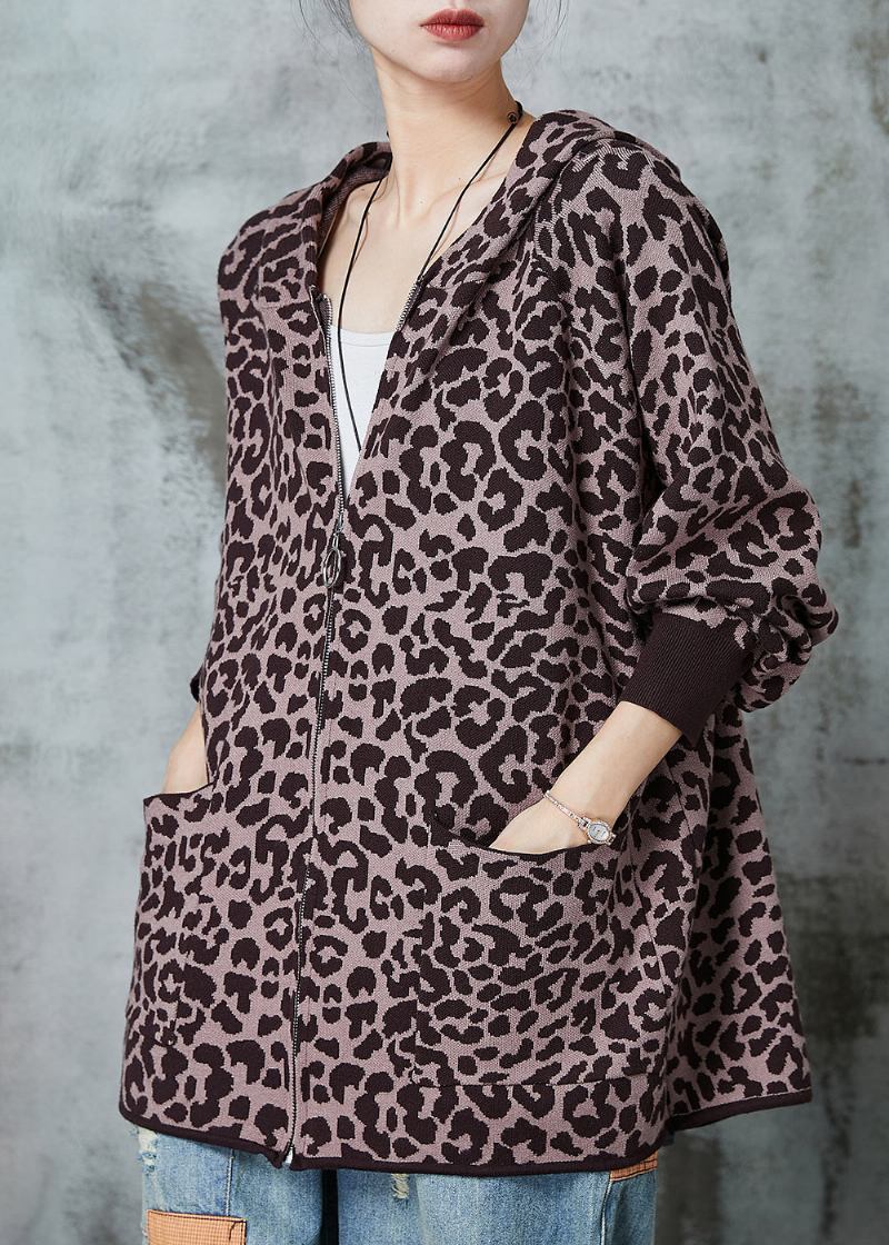 Französische Khakifarbene Übergroße Strickstrickjacke Mit Leopardenmuster Frühling - Damen-Cardigans