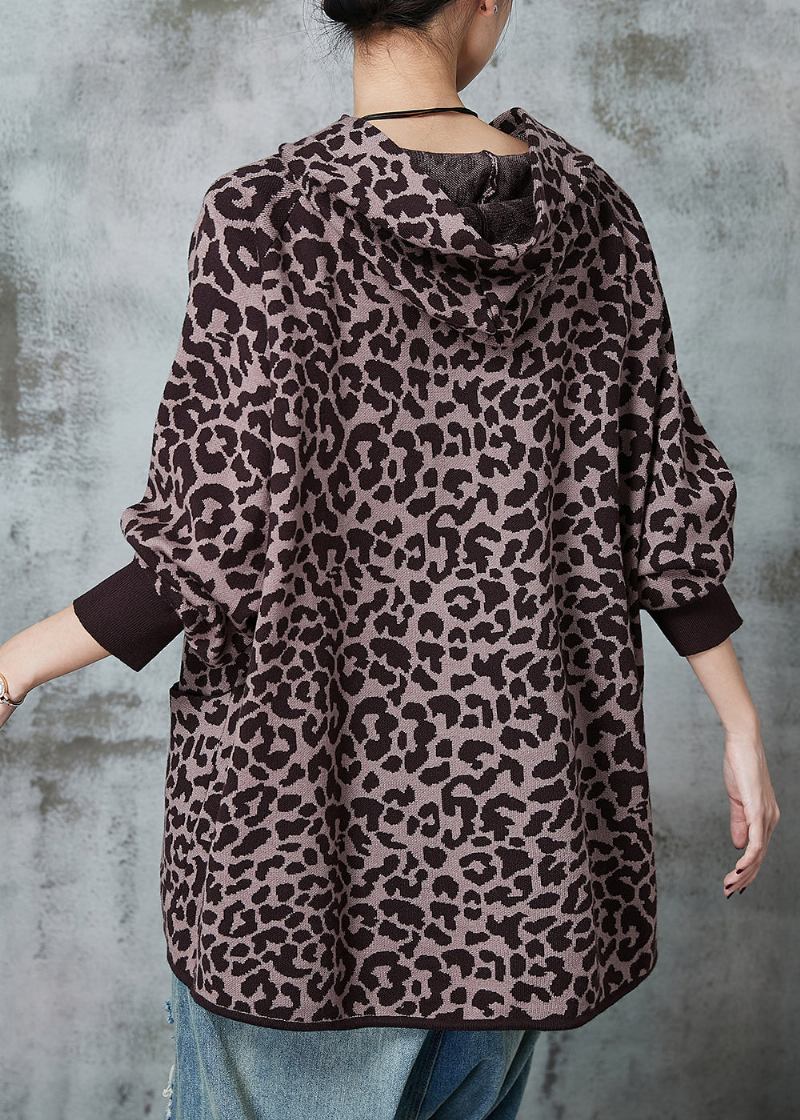 Französische Khakifarbene Übergroße Strickstrickjacke Mit Leopardenmuster Frühling - Damen-Cardigans