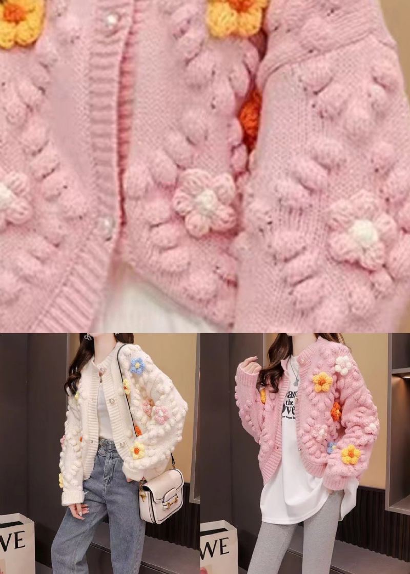 Französische Rosa Patchwork-strickjacke Mit Rundhalsausschnitt Und Blumenmuster Im Herbst - Damen-Cardigans