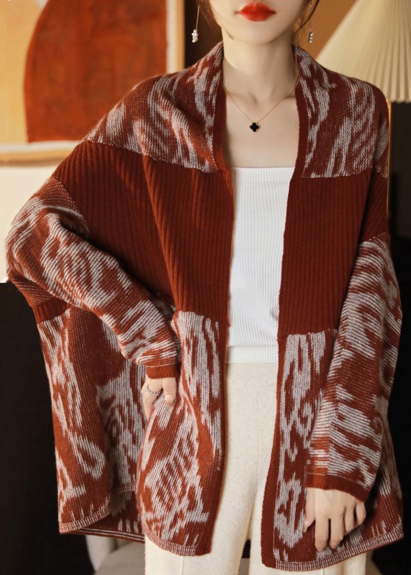 Französische Rote Patchwork-wollstrickjacken Mit V-ausschnitt Und Langen Ärmeln - Damen-Cardigans