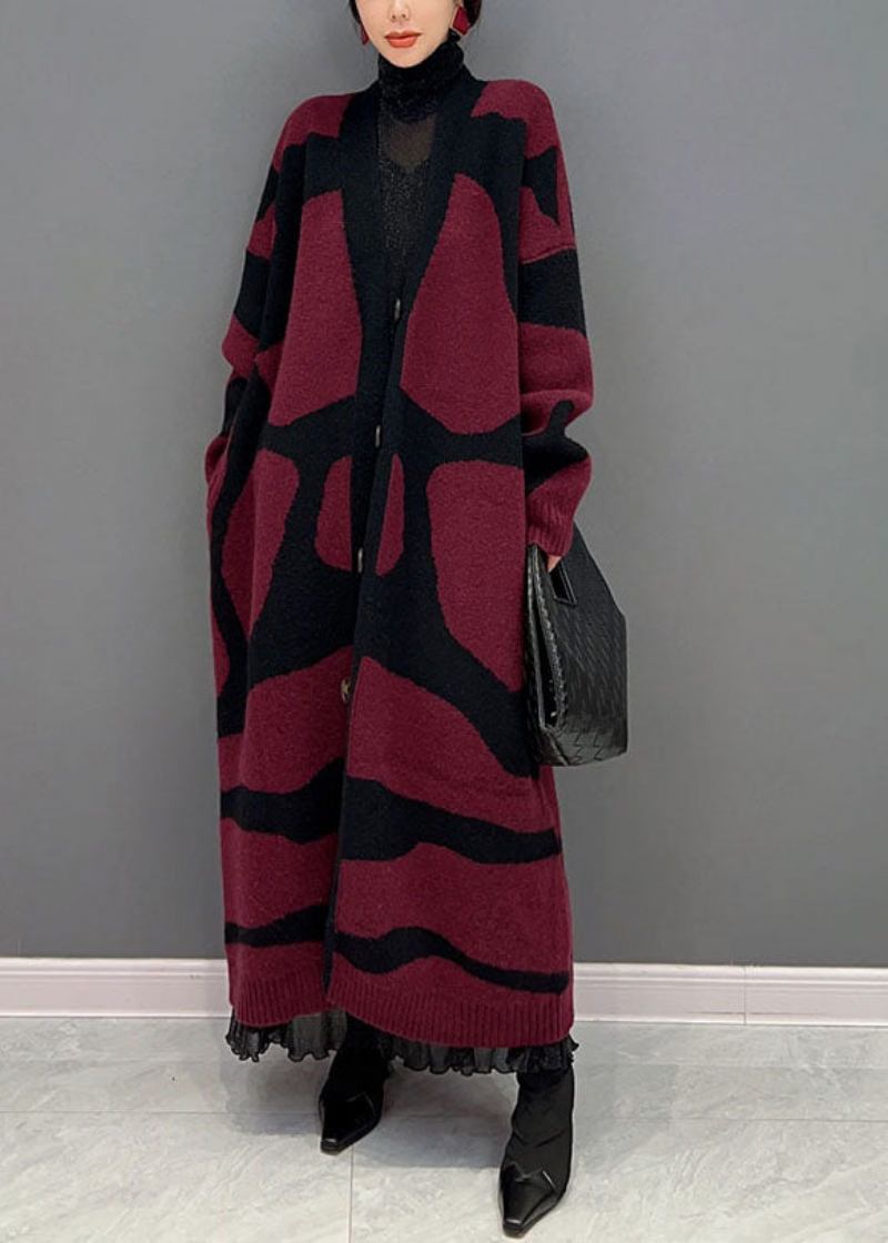 Französische Rote Übergroße Strickjacke Mit Print Für Den Winter