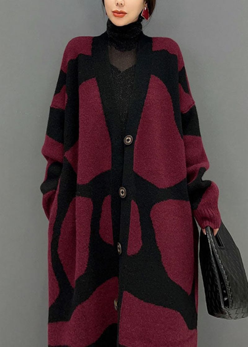 Französische Rote Übergroße Strickjacke Mit Print Für Den Winter - Damen-Cardigans