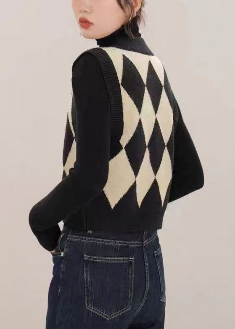 Französische Schwarze Patchwork-strickweste Mit V-ausschnitt Und Knopfmuster Und Ärmellos - Damen-Cardigans