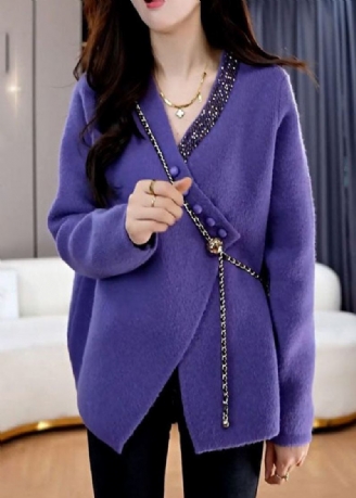 Französische Violette Strickjacke Mit V-ausschnitt Und Asymmetrischem Design Für Den Frühling