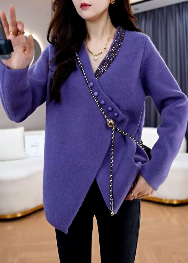 Französische Violette Strickjacke Mit V-ausschnitt Und Asymmetrischem Design Für Den Frühling - Damen-Cardigans