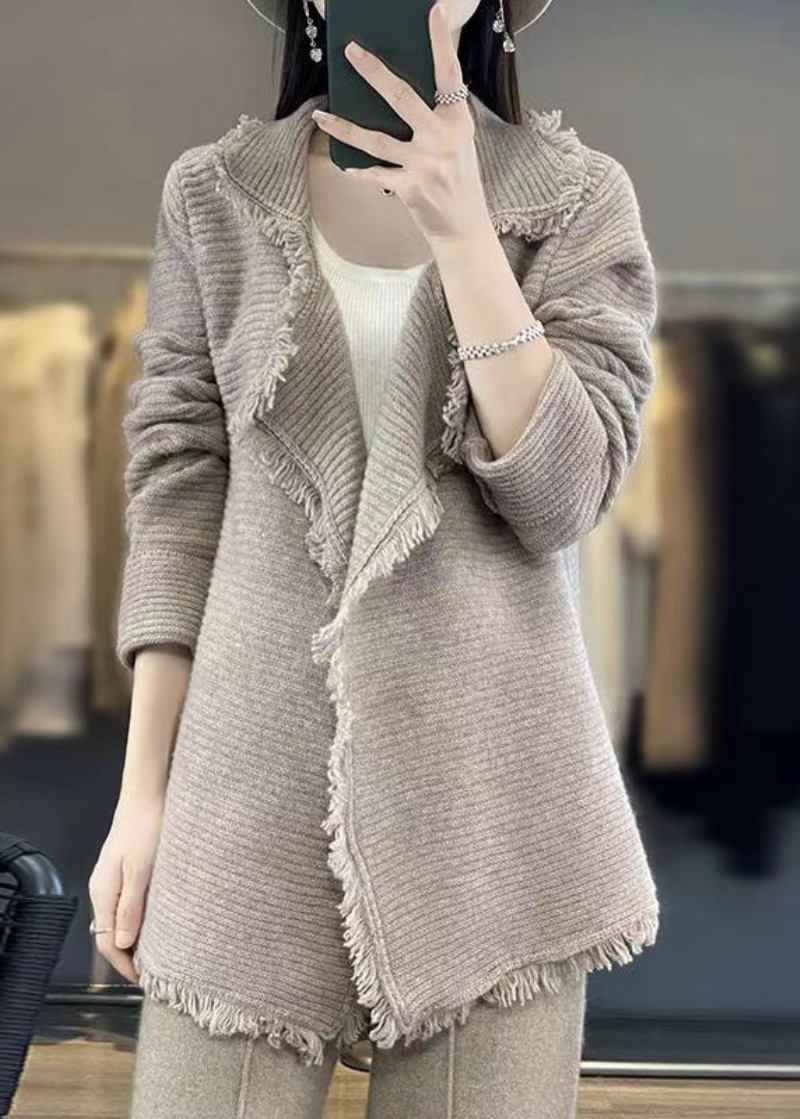 Französischer Beiger Patchwork-cardigan Aus Wolle Mit Quasten Für Den Herbst - Damen-Cardigans