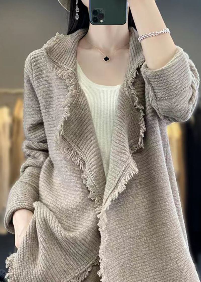 Französischer Beiger Patchwork-cardigan Aus Wolle Mit Quasten Für Den Herbst - Damen-Cardigans