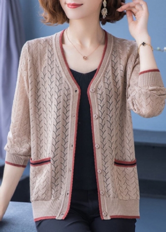 Französischer Heller Kamel-v-ausschnitt-cardigan Mit Aussparungen Und Dünnen Patchwork-strickcardigans Für Den Herbst