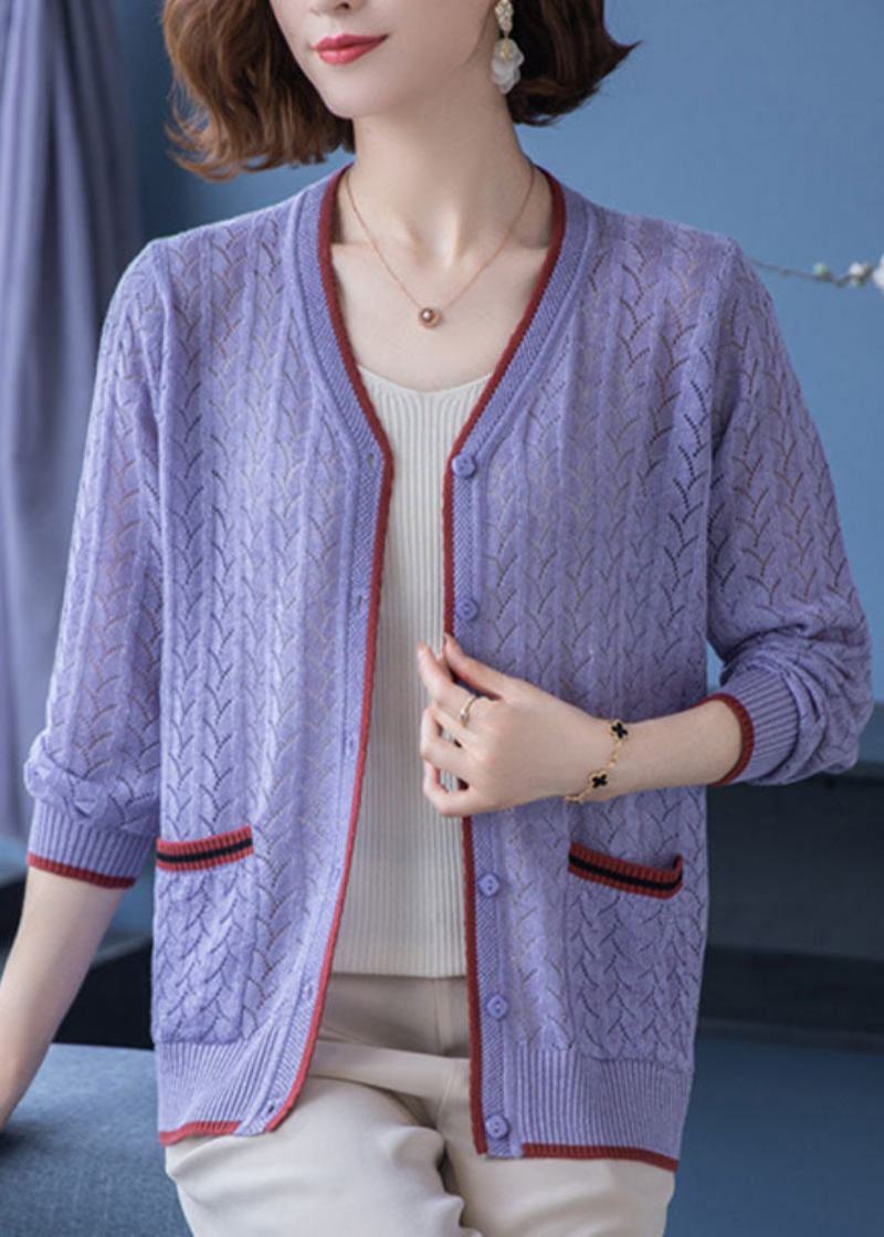 Französischer Heller Kamel-v-ausschnitt-cardigan Mit Aussparungen Und Dünnen Patchwork-strickcardigans Für Den Herbst - Damen-Cardigans