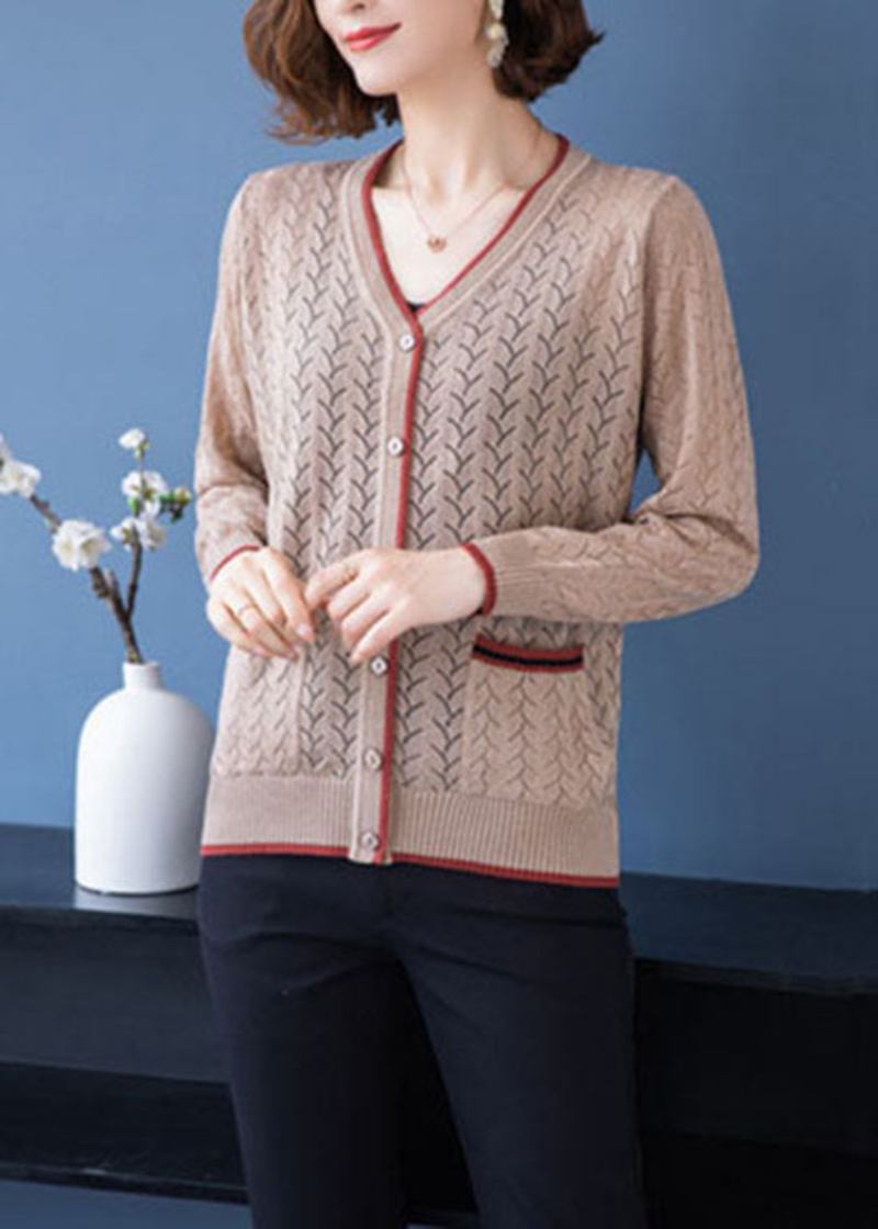 Französischer Heller Kamel-v-ausschnitt-cardigan Mit Aussparungen Und Dünnen Patchwork-strickcardigans Für Den Herbst - Damen-Cardigans