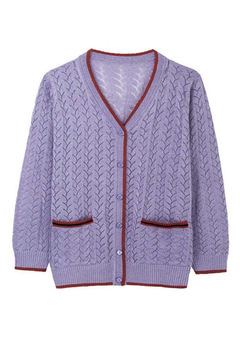 Französischer Heller Kamel-v-ausschnitt-cardigan Mit Aussparungen Und Dünnen Patchwork-strickcardigans Für Den Herbst - Damen-Cardigans