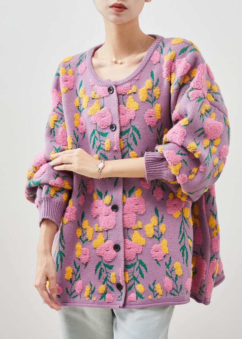 Französischer Rosa Jacquard-strickcardigan Mit Rundhalsausschnitt Winter - Damen-Cardigans