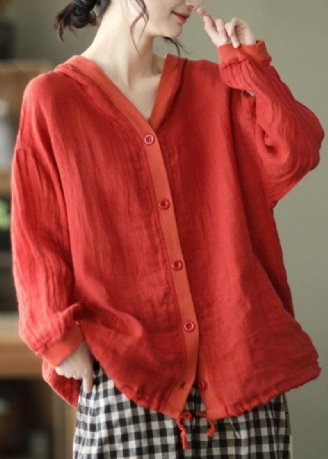 Französisches Rotes Mit Knopf Versehenes Ramie-langarmshirt Mit Kapuze