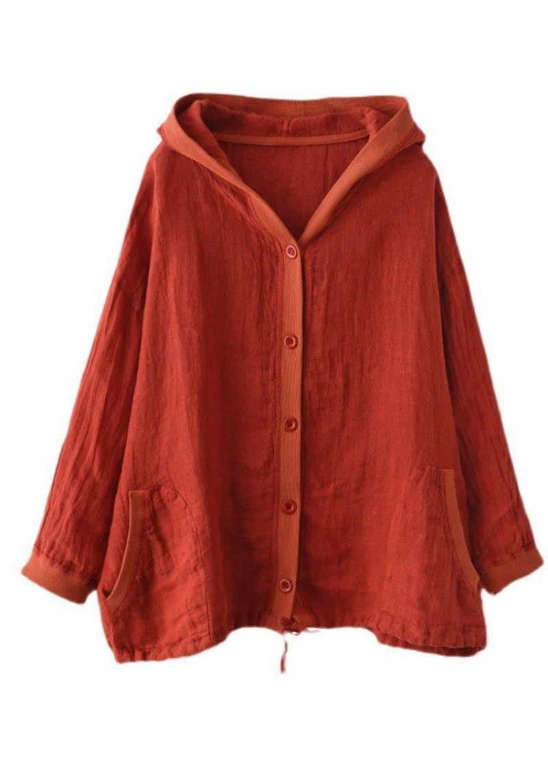 Französisches Rotes Mit Knopf Versehenes Ramie-langarmshirt Mit Kapuze - Rot