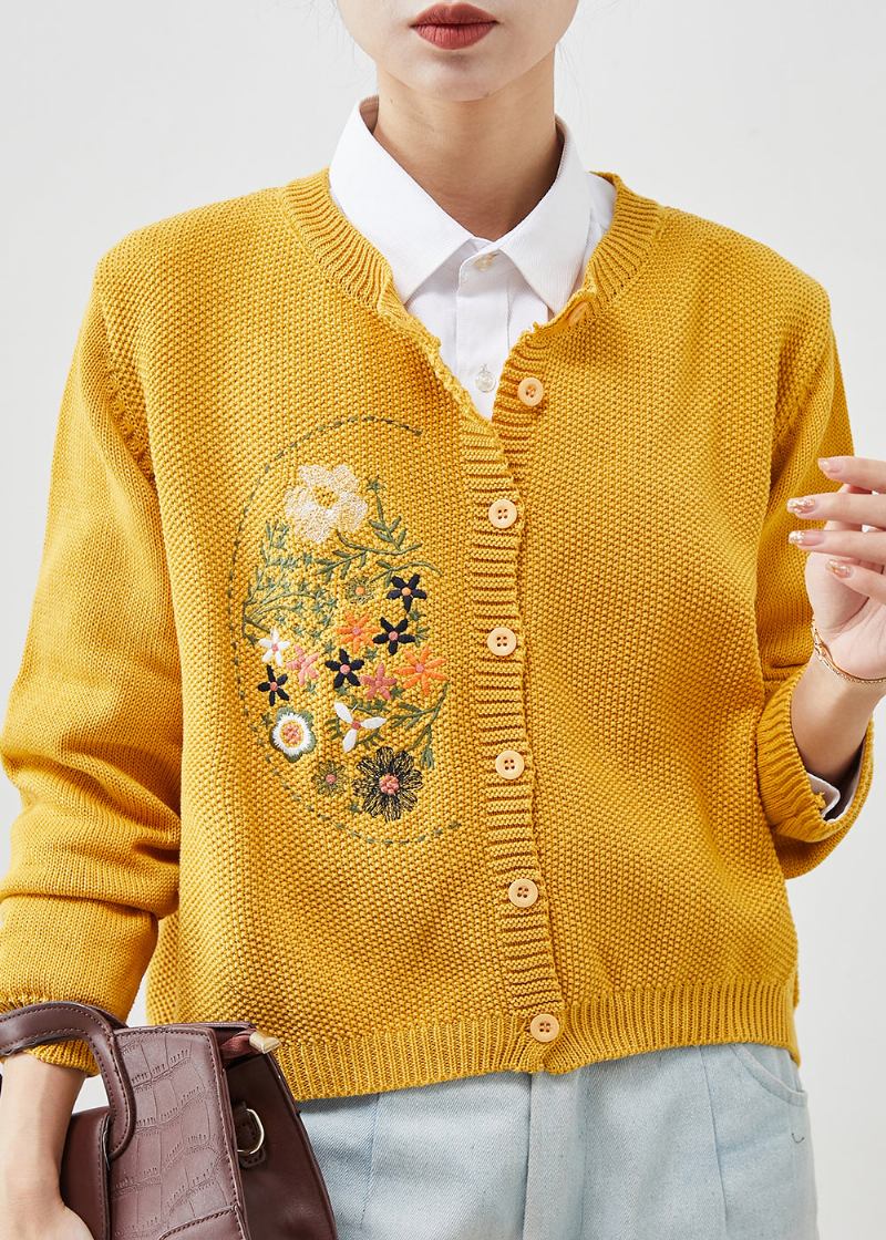 Gelbe Bestickte Strick-cardigans Mit Knopf Frühling - Damen-Cardigans