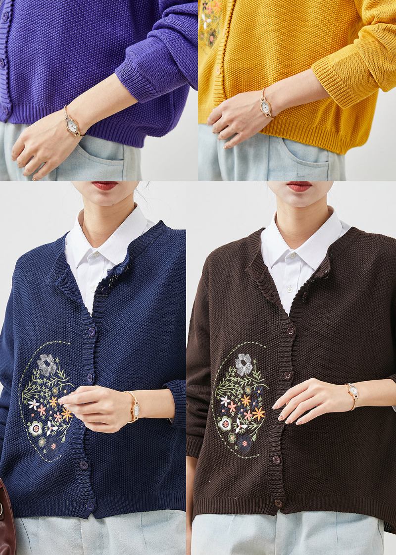 Gelbe Bestickte Strick-cardigans Mit Knopf Frühling - Damen-Cardigans