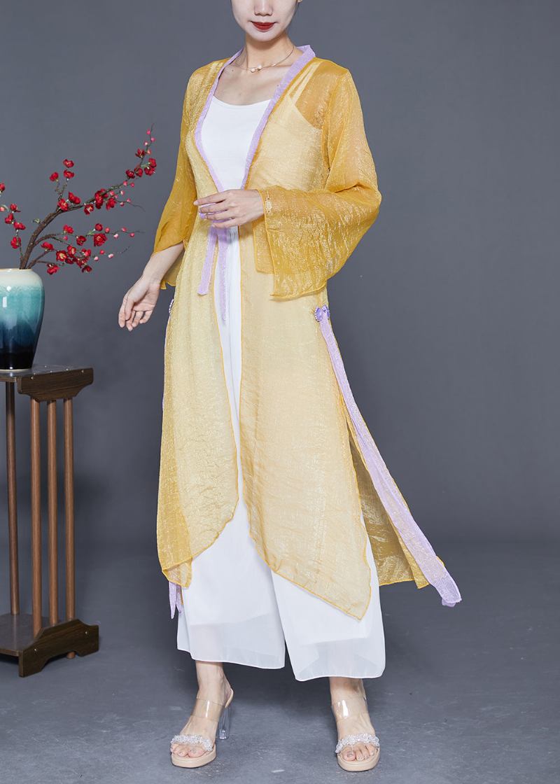 Gelbe Durchbrochene Chiffon-strickjacke Mit Schnürung Für Den Sommer Mit Lsf 50+ Für Damen - Damen-Cardigans