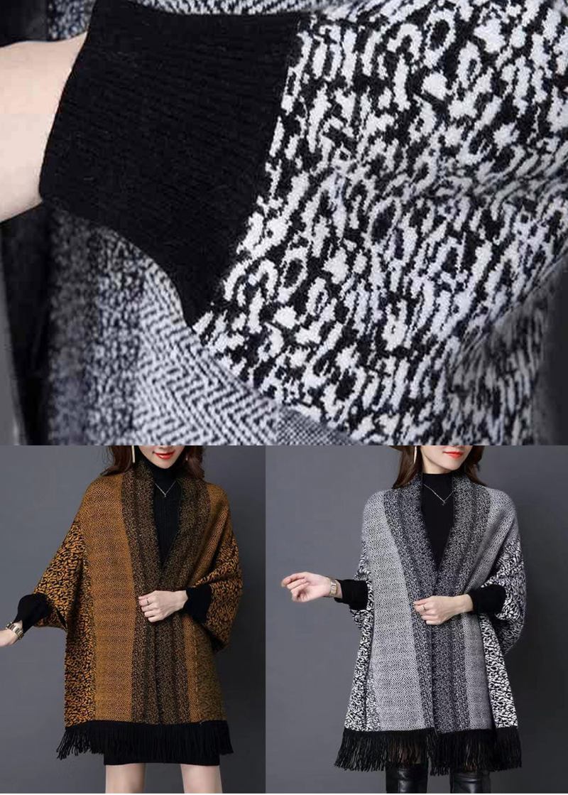 Gelbe Patchwork-strickjacke Mit V-ausschnitt Und Langen Ärmeln Und Quastendruck - Damen-Cardigans