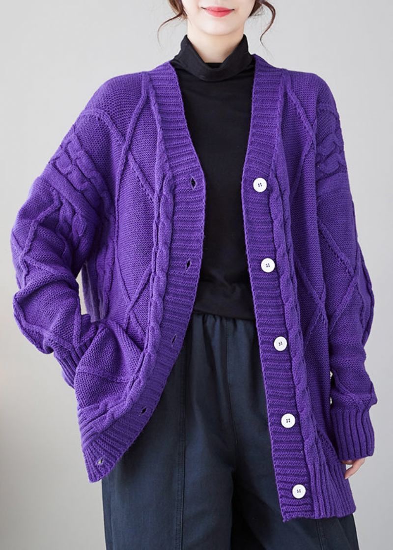 Gemütliche Dicke Lila Strickjacke Mit V-ausschnitt Und Knopfleiste Herbst - Damen-Cardigans