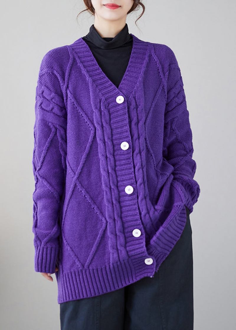 Gemütliche Dicke Lila Strickjacke Mit V-ausschnitt Und Knopfleiste Herbst - Damen-Cardigans