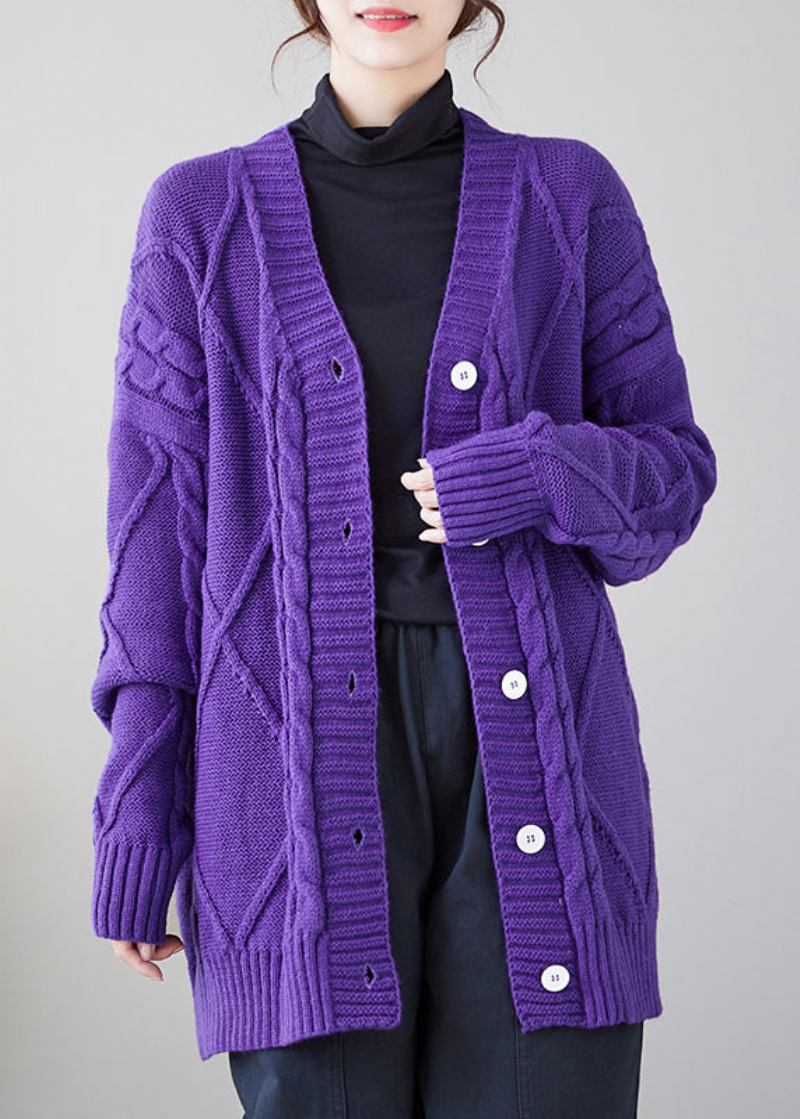 Gemütliche Dicke Lila Strickjacke Mit V-ausschnitt Und Knopfleiste Herbst - Damen-Cardigans