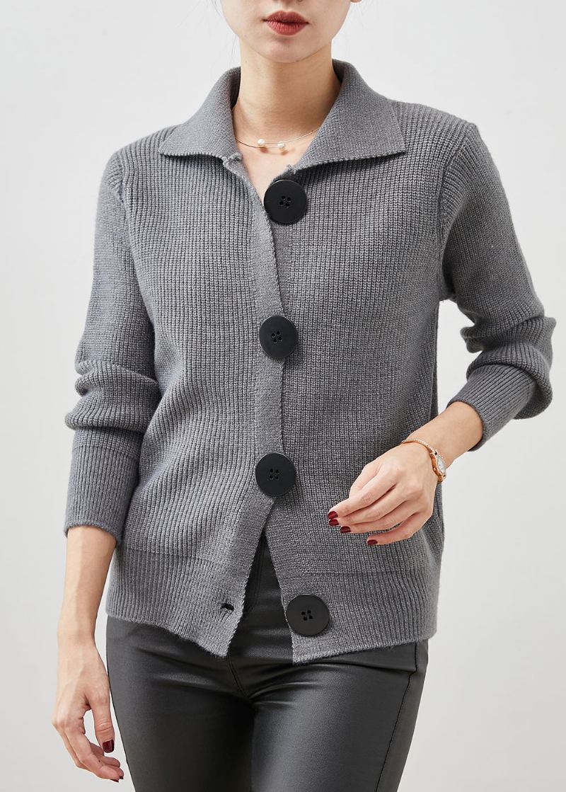 Graue Dicke Strickstrickjacke Mit Peter-pan-kragen Und Button-down-kragen Frühling - Damen-Cardigans