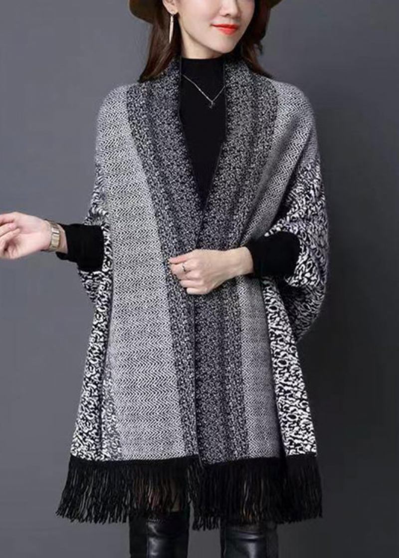 Graue Patchwork-strickjacken Mit V-ausschnitt Und Quasten In Übergröße Für Den Herbst - Damen-Cardigans