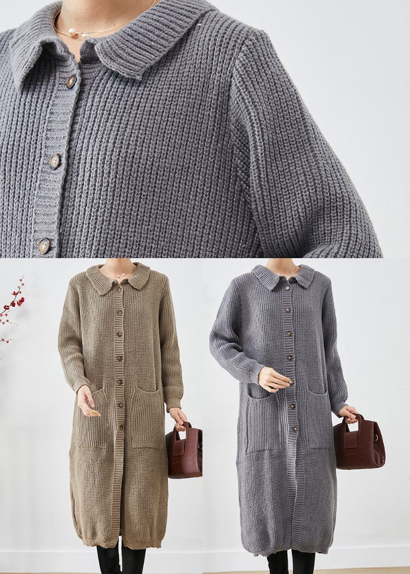 Grauer Langer Strickmantel Mit Button-down-taschen In Übergröße Für Den Herbst - Damen-Cardigans