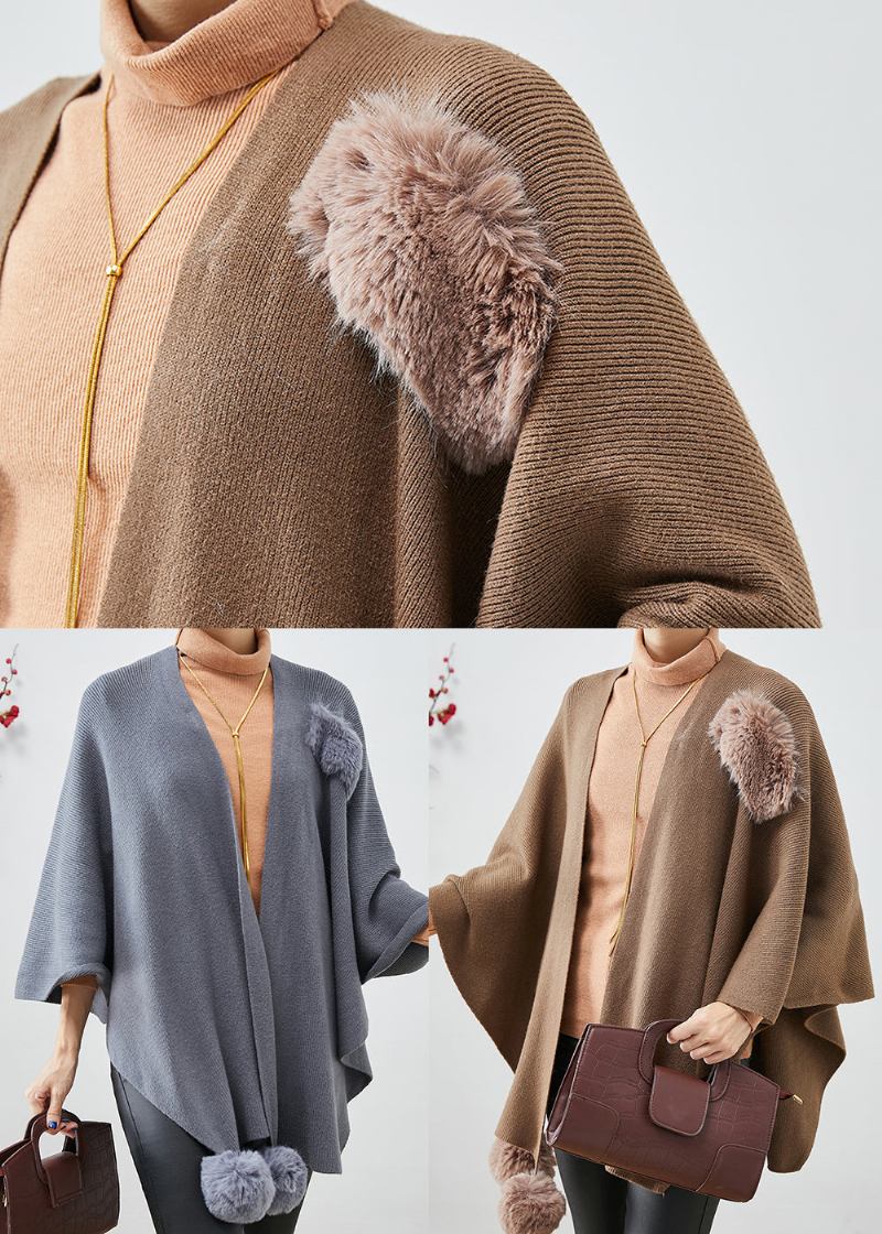 Grauer Übergroßer Strickcardigan Mit Flauschigen Ballen Und Verzierten Ärmeln In Übergröße Herbst - Damen-Cardigans