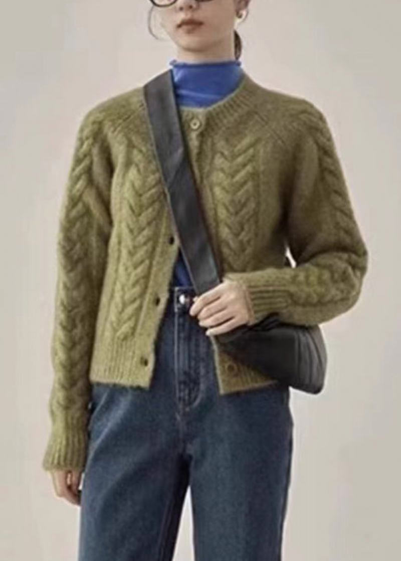 Grüne Gestrickte Strickjacke Mit O-ausschnitt Und Langen Ärmeln - Damen-Cardigans