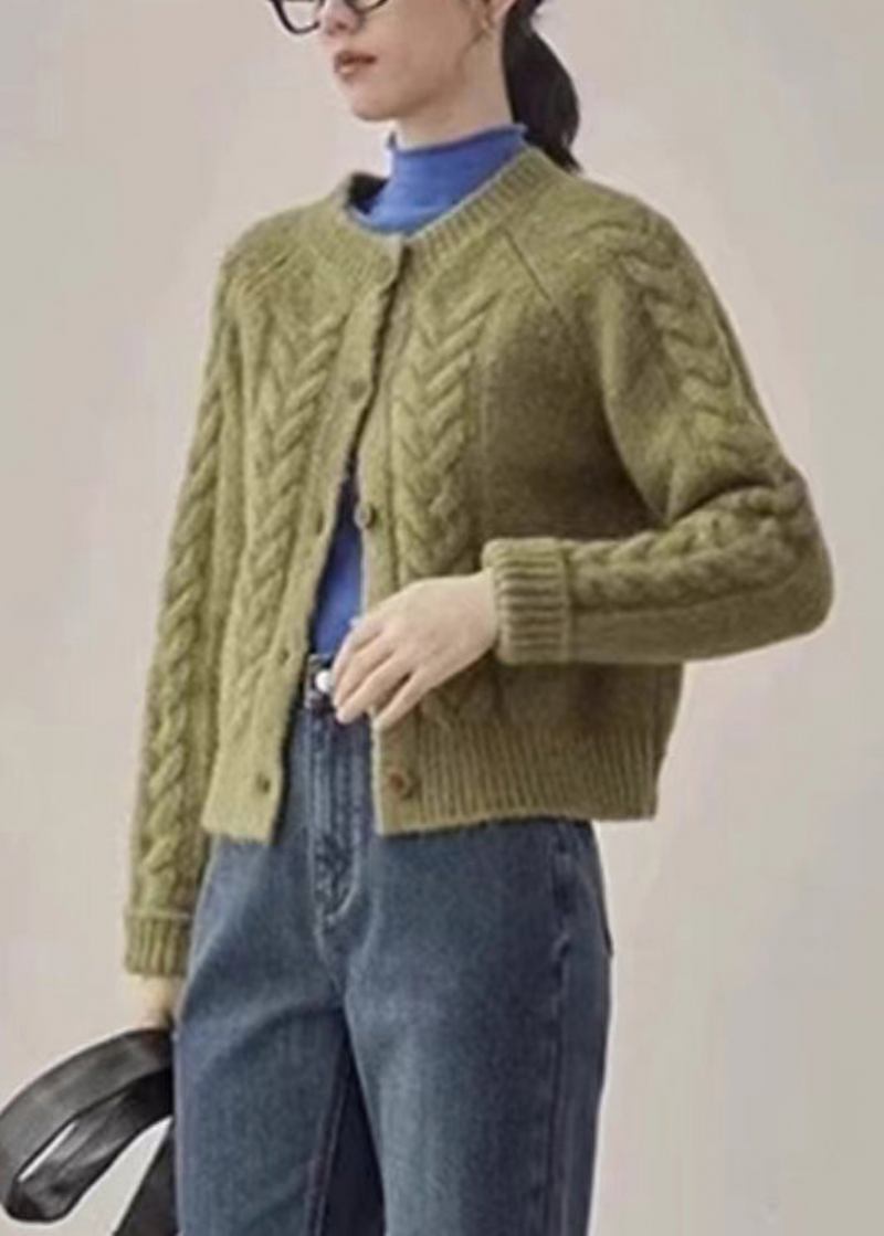 Grüne Gestrickte Strickjacke Mit O-ausschnitt Und Langen Ärmeln - Damen-Cardigans