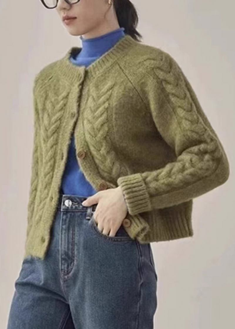 Grüne Gestrickte Strickjacke Mit O-ausschnitt Und Langen Ärmeln - Damen-Cardigans